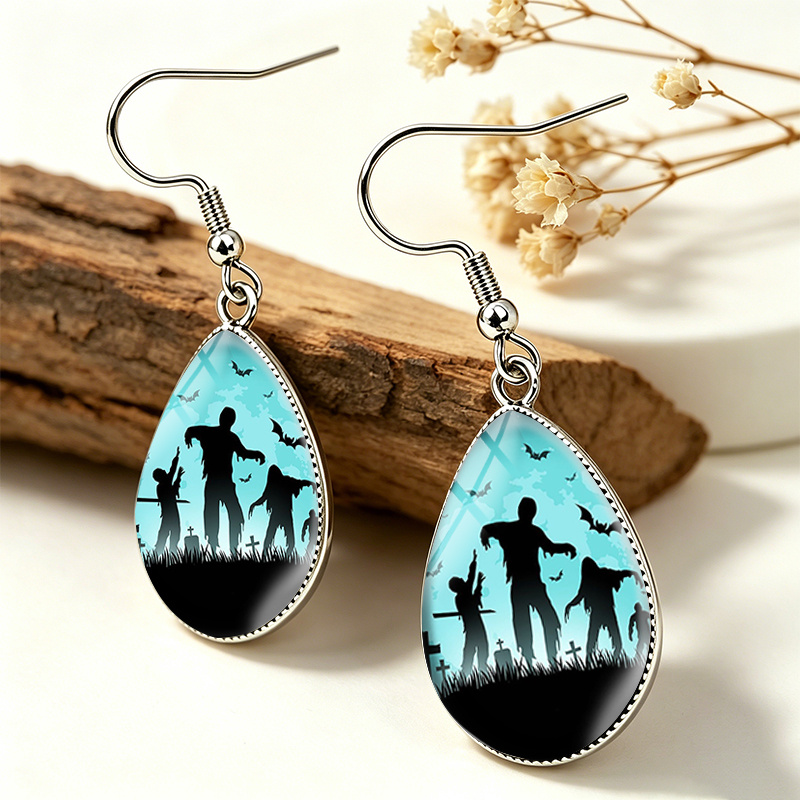 Graveyard Zombies Bats Tear Drop Glass Cabochon Earrings
